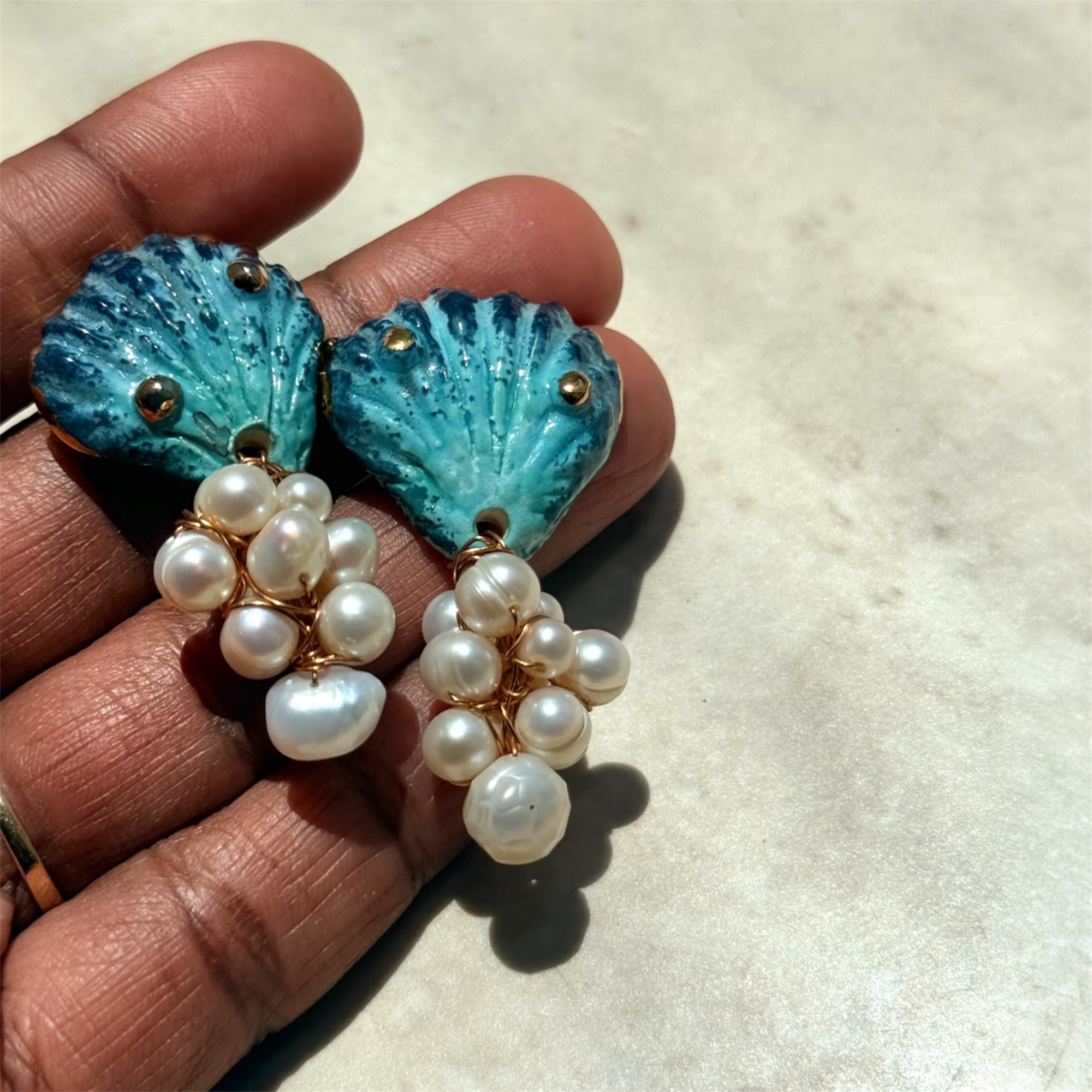 Ocean Blue Seashell with Pearl Clusters