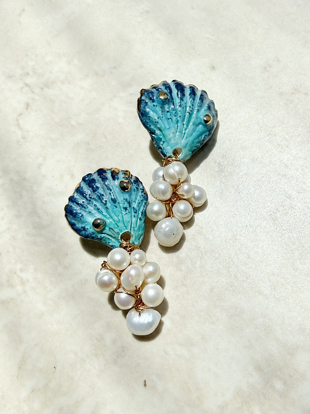 Ocean Blue Seashell with Pearl Clusters